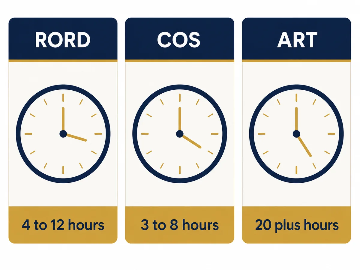 Infographic showing time cost of NDIS administrative processes, RORD four to twelve hours, Change of Circumstances three to eight hours, Administrative Review Tribunal twenty plus hours