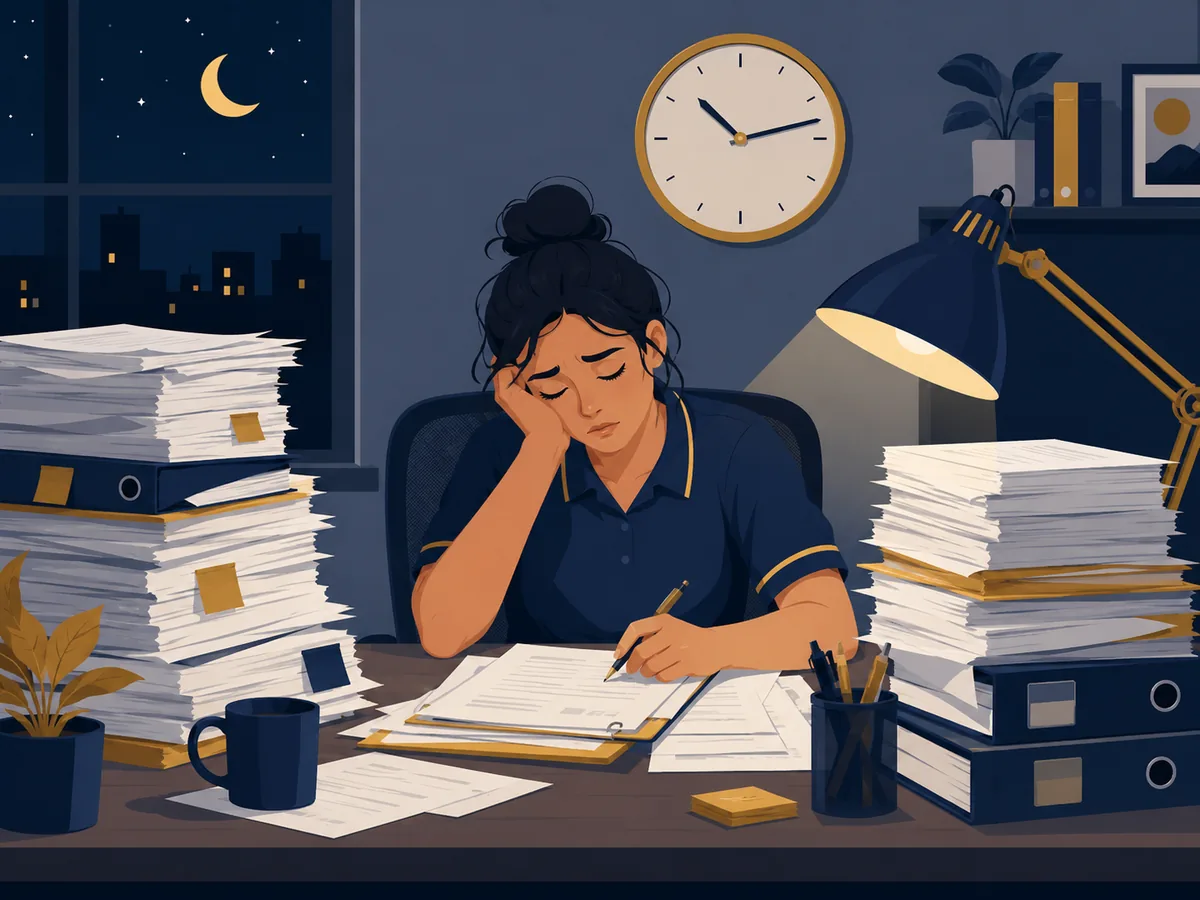 NDIS support coordinator working late at night surrounded by paperwork, illustrating the administrative burden facing practitioners managing RORD, COS and ART processes