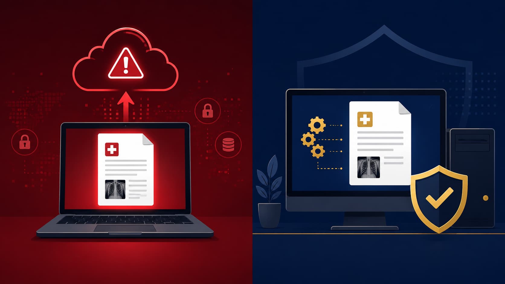 Split illustration comparing risky AI use uploading NDIS participant data to the cloud versus safe local AI processing with a privacy shield on the right