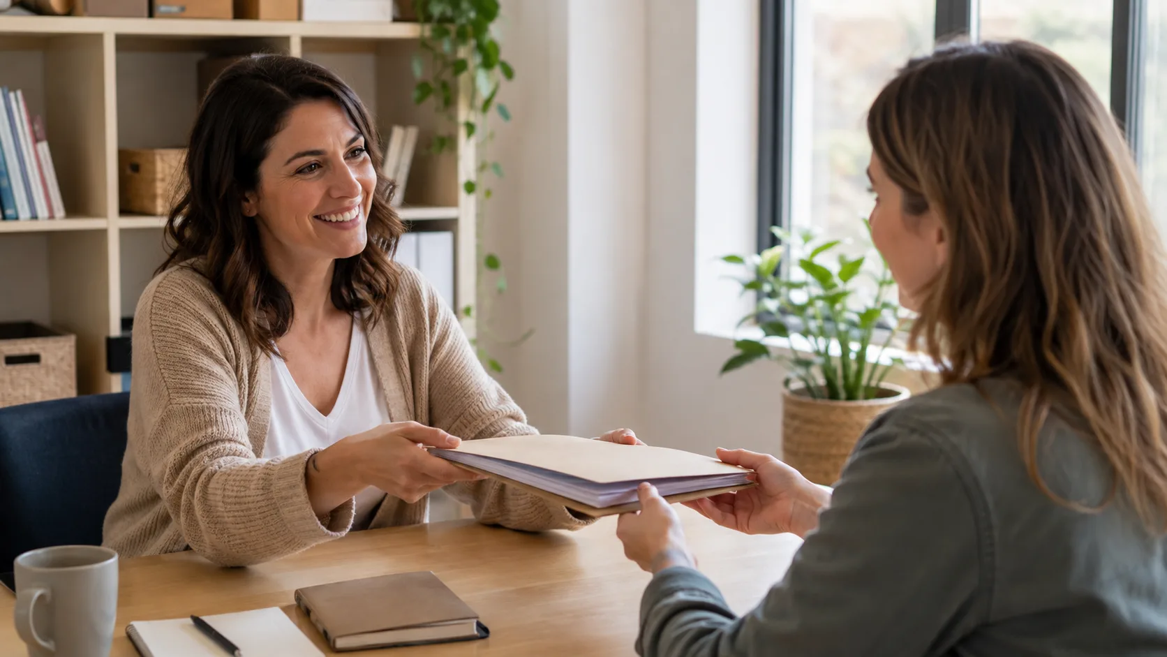 Support coordinator handing a folder of documents across a table to a parent or family member, illustrating the new lodgement handover step required for Change of Circumstances submissions after 27 August 2026