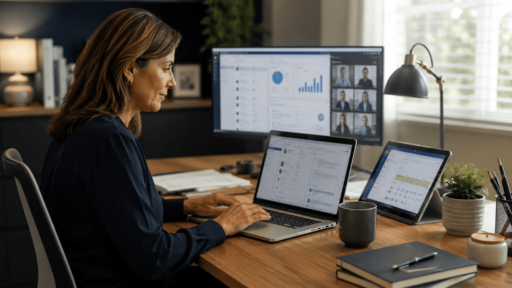 NDIS provider using Microsoft 365 tools on laptop including SharePoint and Teams for compliance tracking and team communication without additional software