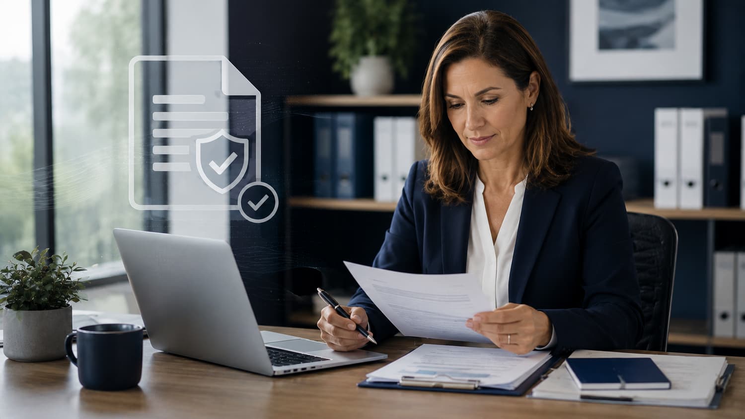 NDIS provider reviewing an AI policy document on screen showing governance requirements for safe use of artificial intelligence in participant documentation
