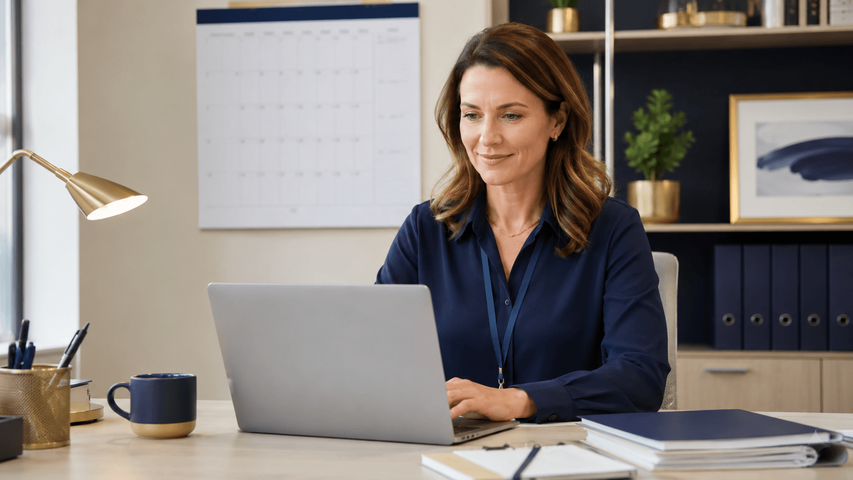 NDIS provider at an organised desk reviewing a compliance checklist with laptop and documents in neat order, representing productivity systems for 2026