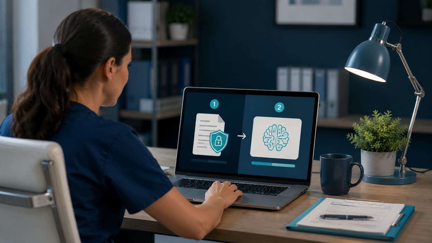 NDIS practitioner following a two step safe AI workflow with de-identification of participant data before processing through a closed AI tool